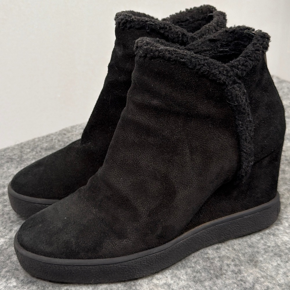 Aquatalia Ankle Boots Womens 8 Black Suede Shearling Faux Fur Trim Wedge Booties